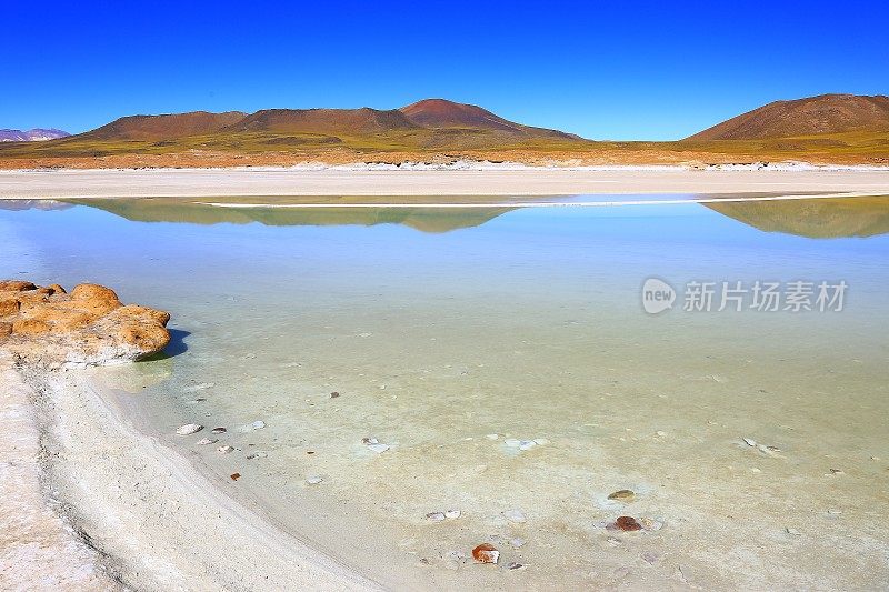 Salar de Talar, Piedras rojas(红色石头)-绿松石湖反射和田园般的阿塔卡马沙漠，火山景观全景-圣佩德罗阿塔卡马，智利，Bolívia和阿根廷边境